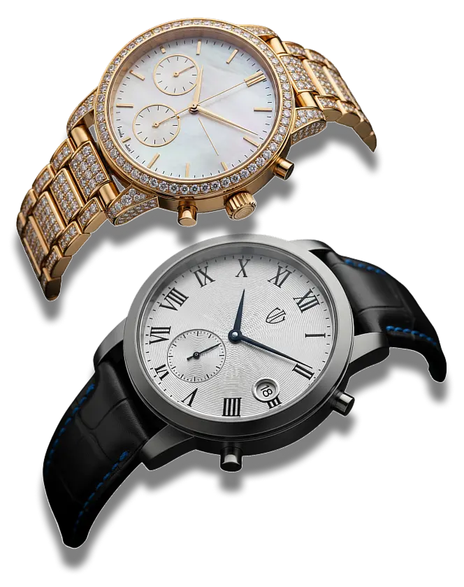 Two elegant watches featuring diamond accents on the face and complemented by a sleek black strap
